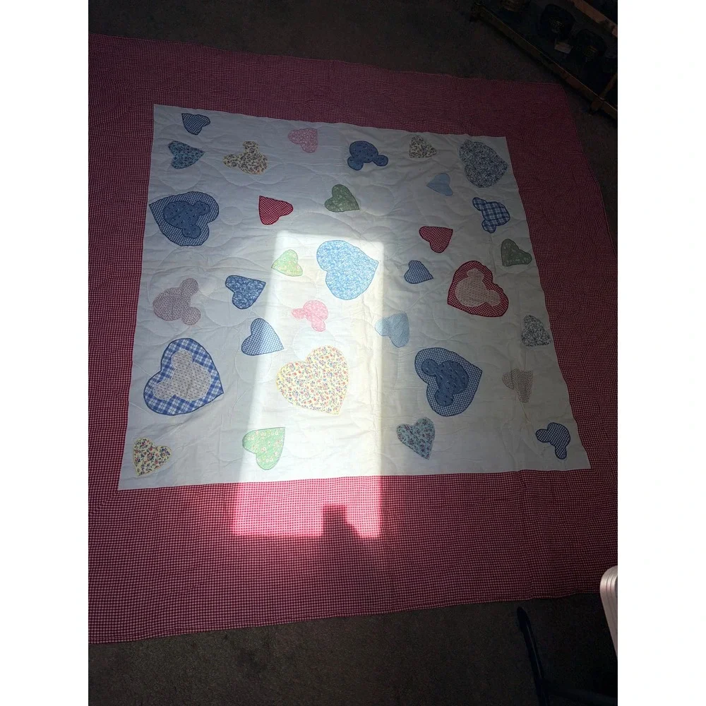 Mickey & Co Disney Quilt Red Gingham Heart Patchwork Bedspread Full Size 84x84